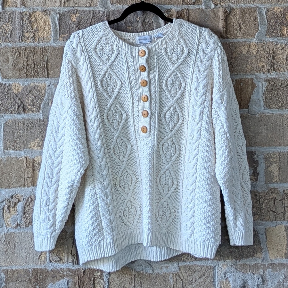 Cream Cable-Knit Button Pullover Sweater
